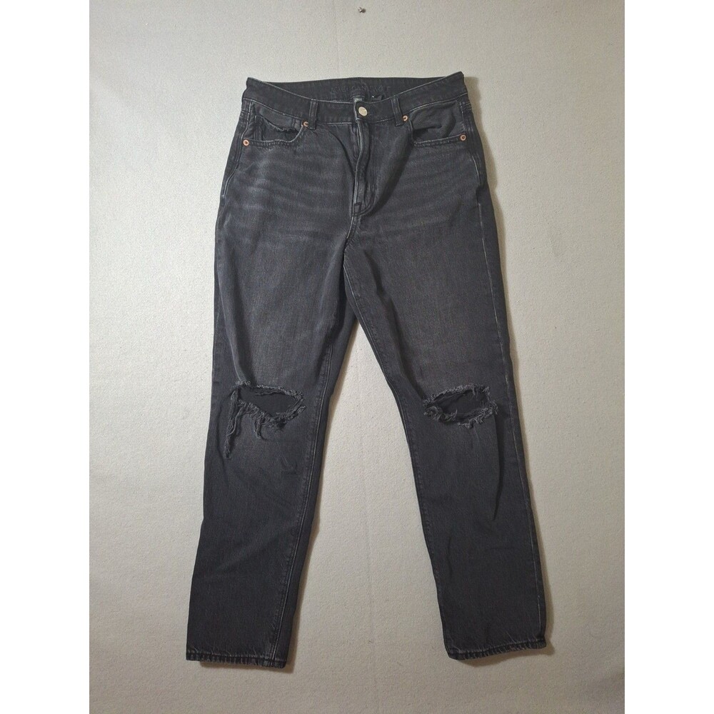 American Eagle Women’s Mom Jean Black Strigid Frayed Knees 30x27
